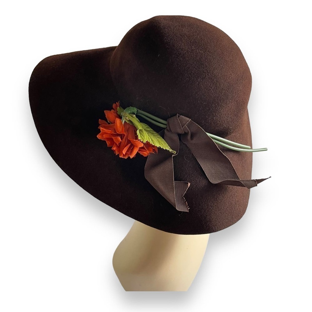 1980’s Floppy Brim 100% Wool Vintage Hat Betmar Ny&Paris Large Brim Flower Trim - Picture 3 of 15